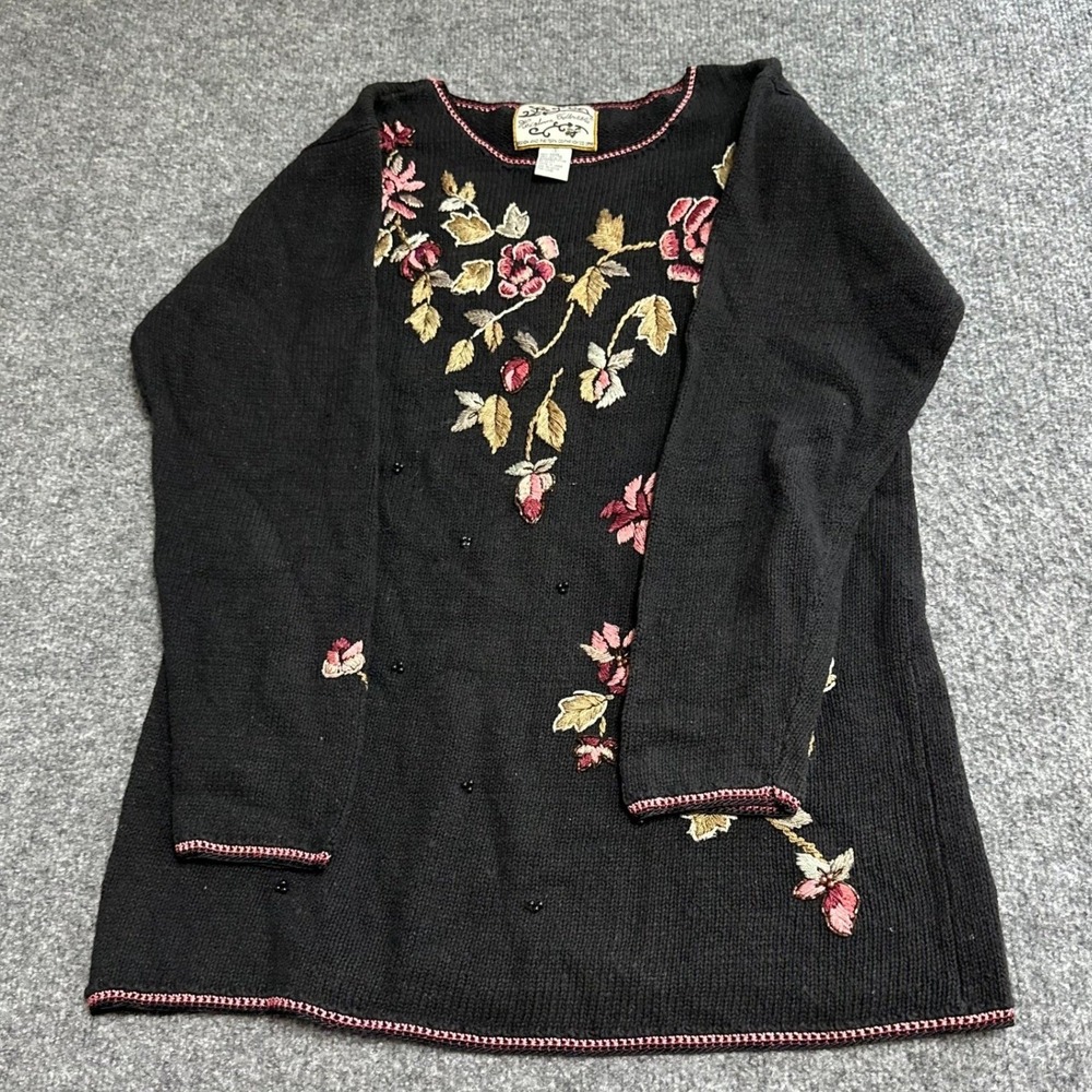 Heirloom Collectibles Sweater Womens Size S Black Floral Embroidered Beaded Knit